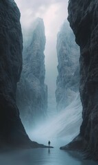 A lone figure stands at the end of a foggy