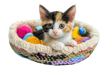 A tiny calico kitten nestled in a soft, knitted basket, surrounded by colorful toys. Its bright, expressive eyes are wide open, and it looks directly at the camera