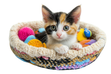 A tiny calico kitten nestled in a soft, knitted basket, surrounded by colorful toys. Its bright, expressive eyes are wide open, and it looks directly at the camera