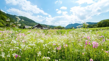 Obraz premium Serene Beauty of Medieval Japan: Lush Hills, Wildflowers, and Farmhouse | Ultra-Detailed Landscape Photography