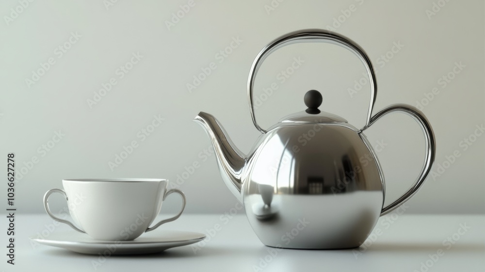 Poster A shiny kettle sits next to an elegant white cup on a simple table, inviting relaxation and enjoyment of a warm tea session. Generative AI