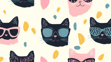 Seamless pattern with cute fashionable cats. Vector graphics.