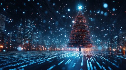 Tech-infused Christmas tree in a digital snowfall city.