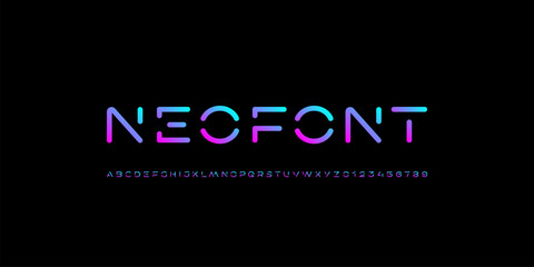 Technology font, digital cyber neon alphabet