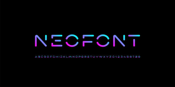 Technology font, digital cyber neon alphabet