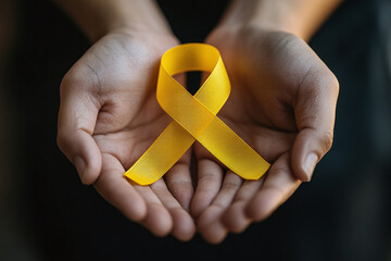 Yellow Awareness Month Ribbon in Hands Holding for Suicide Prevention, Bladder Cancer, Endometriosis, Adoptive Parents and Bone Cancer