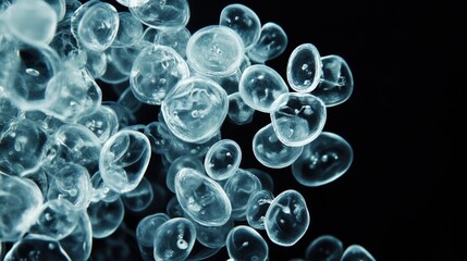 Abstract Close-Up of Transparent Polymer Granules Suspended Against a Dark Background, Revealing a Complex and Textured Microcosm.