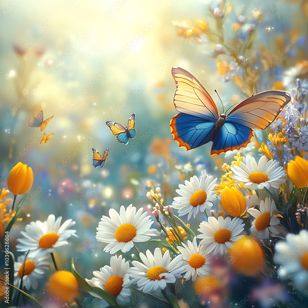 Poster Bright abstract nature spring background where cheerful daisies and tulips are interspersed with playful butterflies capturing the joy and freshness of the spring season in a lively composition
