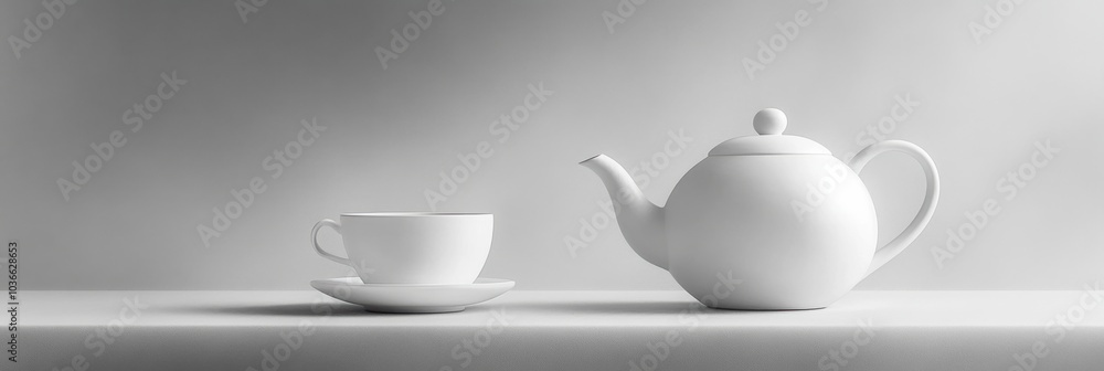 Aufkleber A simple yet stylish white kettle and cup sit on a table, creating a tranquil setting perfect for enjoying a warm beverage. Generative AI