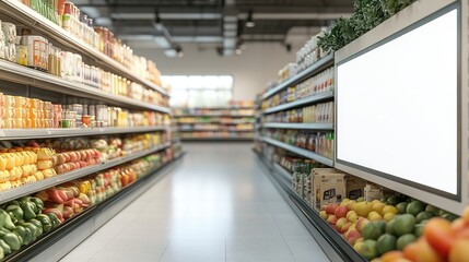 Fototapeta premium Bright and Modern Supermarket Aisle with Fresh Produce and Groceries on Display in a Well-Lit Store Interior