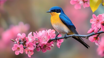 A blue and orange bird perched on a branch with pink blossoms.