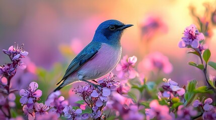 Obraz premium A blue and pink bird perched on a branch of pink flowers with a soft, golden light in the background.
