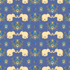 Traditional Thai Elephant and Lotus Pattern on Blue Background