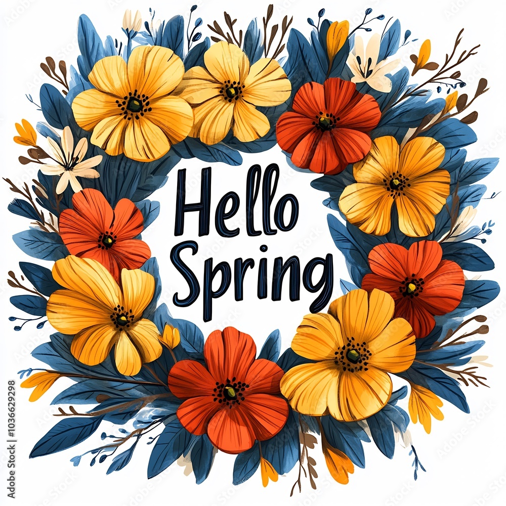 Poster bright and clean minimalistic background a round floral frame filled with vibrant spring flowers sur