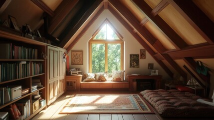 Sunlight streams through a window in an attic room with wooden beams, bookshelves, a rug, and a futon.