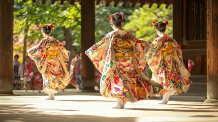 Enchanting Traditional Japanese Dance Performance at Festive Medieval Festival with Vibrant Colors and Dynamic Movements