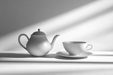This tranquil setup features a simple white tea kettle alongside an elegant cup and saucer, illuminated by gentle light shadows. Generative AI