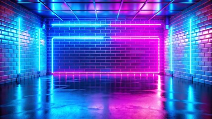 Neon light figures on a dark abstract background. Neon lamps on a brick wall in a dark room. Abstract studio room with brick walls, blue and purple backgrounds, laser beams, neon lights, reflection