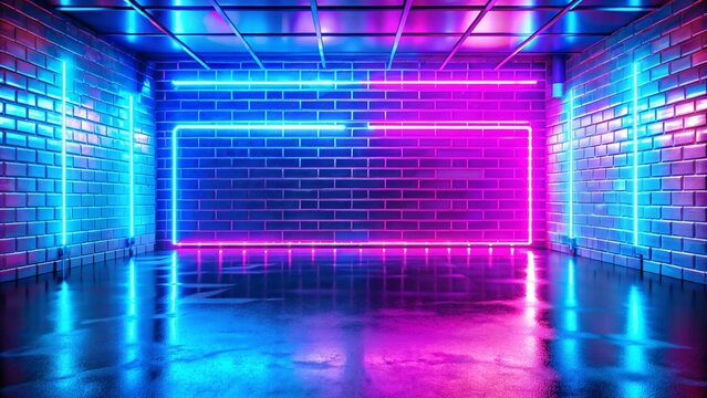 Neon light figures on a dark abstract background. Neon lamps on a brick wall in a dark room. Abstract studio room with brick walls, blue and purple backgrounds, laser beams, neon lights, reflection