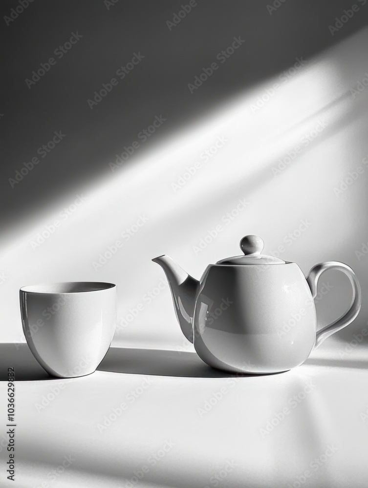 Aufkleber A white tea kettle rests beside a matching cup on a table, both bathed in soft daylight, creating a serene atmosphere for tea enjoyment. Generative AI