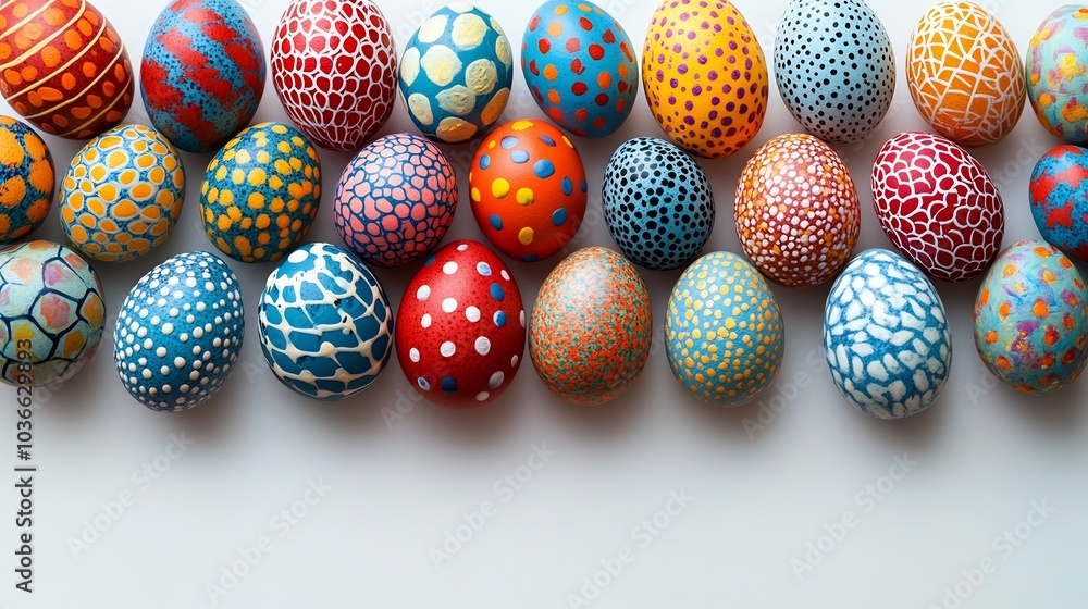 Poster bright and clean white background with a collection of vibrant handmade easter eggs each uniquely de