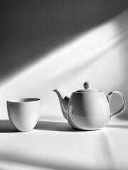 A white tea kettle rests beside a matching cup on a table, both bathed in soft daylight, creating a serene atmosphere for tea enjoyment. Generative AI