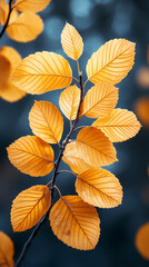 Obraz premium Autumn leaves yellow branches abstract background, leaf fall concept, yellow leaves bokeh