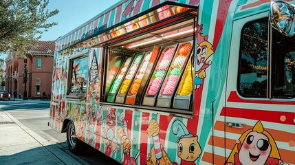 Obraz premium A brightly colored ice cream truck parked on a city street with rows of colorful ice cream inside.