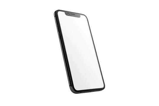 A stylish smartphone standing upright with a blank white display, positioned slightly tilted to emphasize the sleek design, ideal for business-related visuals