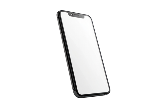 A stylish smartphone standing upright with a blank white display, positioned slightly tilted to emphasize the sleek design, ideal for business-related visuals