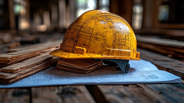 Yellow Safety Helmet on Blueprints at Construction Site