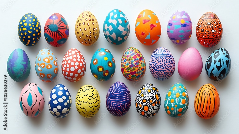 Poster bright and clean white background with a collection of vibrant handmade easter eggs each uniquely de