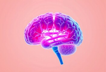 3D illustration of a glowing brain on a soft pink background.