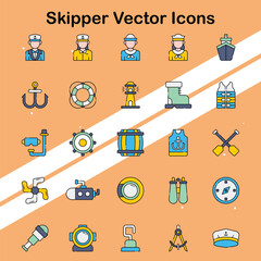Collection of skipper icons representing boat navigation and maritime tools perfect for nautical and adventure themes.