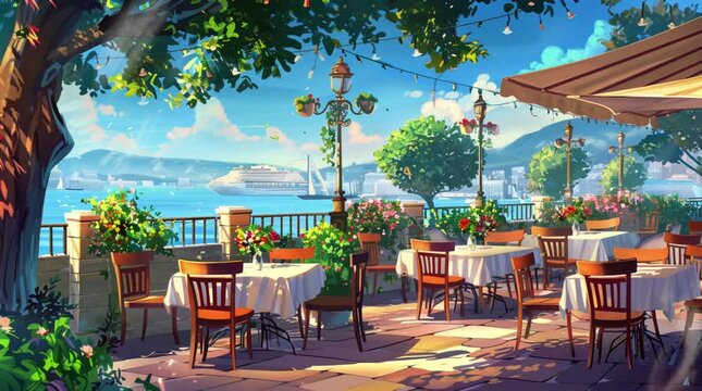 Charming caf&eacute; balcony featuring a table and chair, creating a cozy space for relaxation and enjoying the view
Seamless looping 4k time-lapse virtual video animation Generated AI