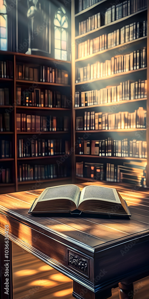 Poster a book is sitting on a wooden table in a library. concept of warmth and comfort, as if the reader is
