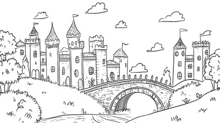 Fototapeta premium Cartoon outline of a whimsical castle with a small bridge and round towers, minimalist style for kids' coloring page