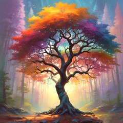 Illustration of multicolor magic forest.