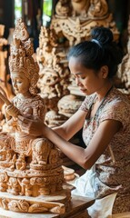 Fototapeta premium Woman carving detailed wooden statue.