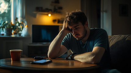 Man sitting at table looking stressed while holding his head in deep thought.