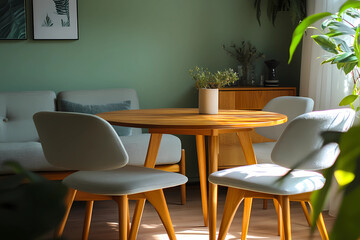 Mint color chairs at round wooden dining table in room with sofa and cabinet near green wall. Scandinavian, mid-century home interior design of modern living room.