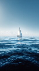 Obraz premium Lonely sailboat floats on endless ocean under sky