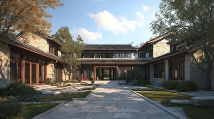 Obraz premium A traditional Chinese courtyard with a stone path leading to the house, surrounded by lush greenery and trees.