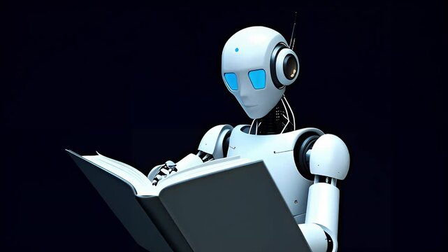 A robot reading a book, AI learning concept
