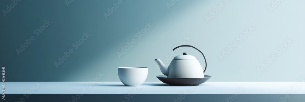 Sticker A sleek tea kettle rests beside a simple cup on a clean table, creating a peaceful atmosphere for enjoying a warm beverage. Generative AI