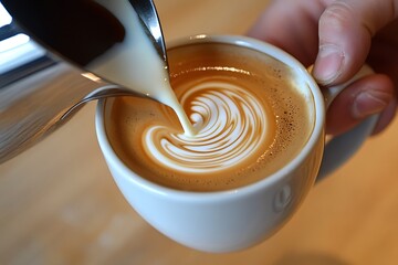 Close-up of Skilled Barista Creating Intricate Swirl Pattern in Fresh Latte