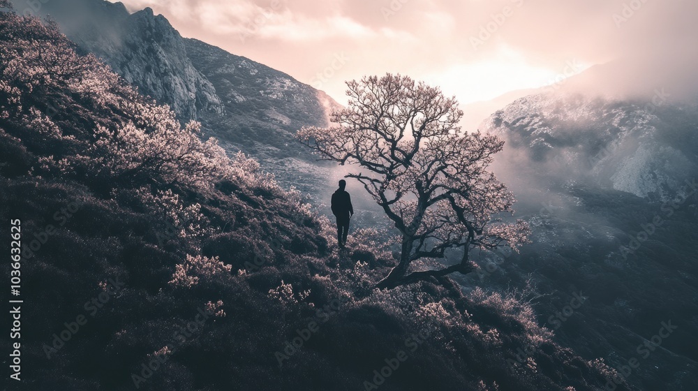 Poster Serene Landscape: A solitary figure stands beside a flowering tree amidst misty mountains, ideal for nature-themed projects.