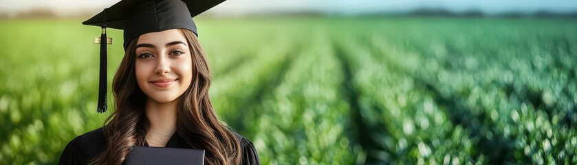 Graduate smiling in a vibrant green field