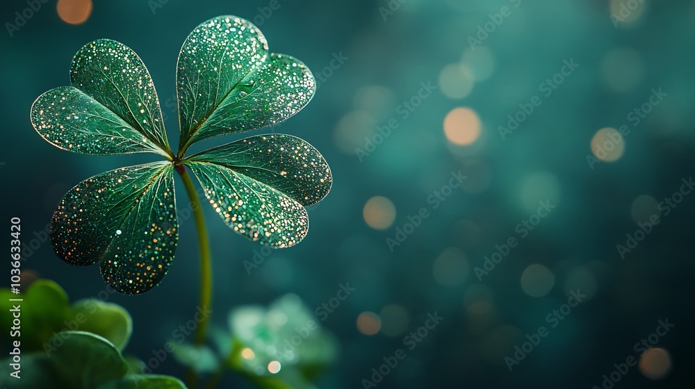 Poster captivating scene featuring a sparkling dark green shamrock against a minimalistic background adorne