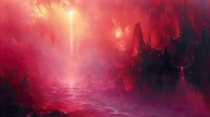 Fototapeta premium Red Sky Over a Dark City - A Fantasy Landscape